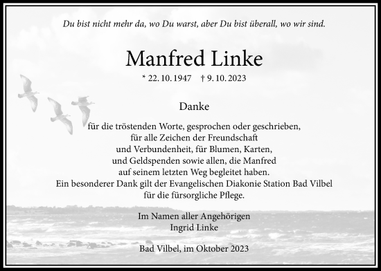 Traueranzeige von Manfred Linke von Bad Vilbel/Karben