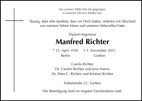 Traueranzeige von Manfred Richter von Giessener Anzeiger, Giessener Allgemeine, Alsfelder Allgemeine, Giessener Anzeiger, Giessener Allgemeine, Alsfelder Allgemeine