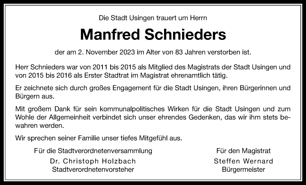  Traueranzeige für Manfred Schnieders vom 18.11.2023 aus Usinger Anzeiger
