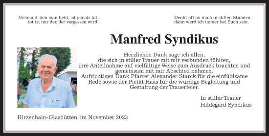 Traueranzeige von Manfred Syndikus von Kreis-Anzeiger