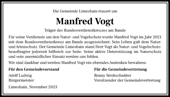 Traueranzeige von Manfred Vogt von Kreis-Anzeiger