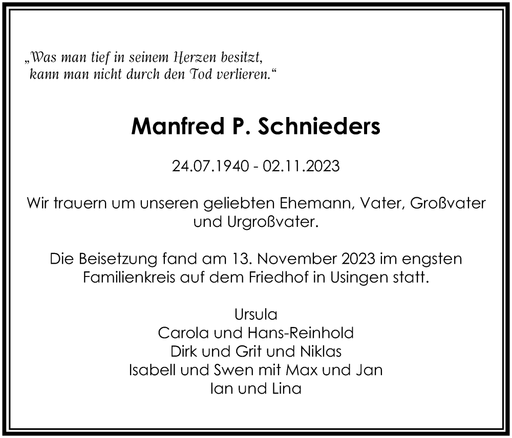  Traueranzeige für Manfred P. Schnieders vom 25.11.2023 aus Usinger Anzeiger, 