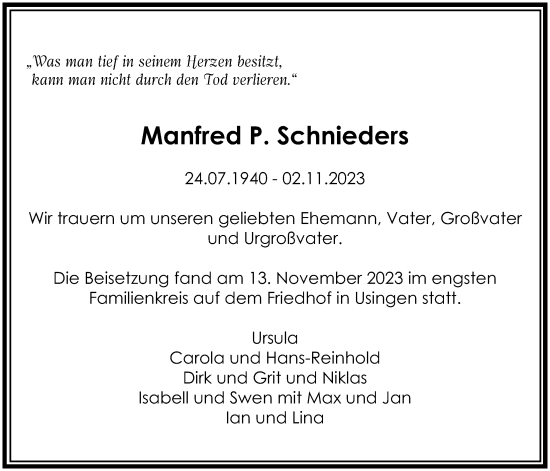 Traueranzeige von Manfred P. Schnieders von Usinger Anzeiger, 