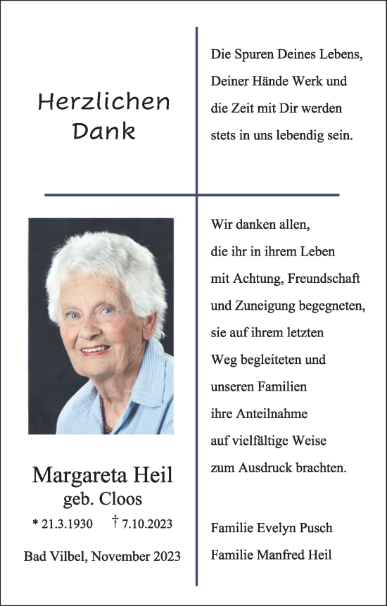 Traueranzeige von Margareta Heil von Bad Vilbel/Karben