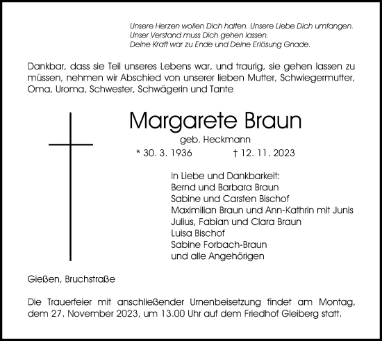 Traueranzeige von Margarete Braun von Giessener Anzeiger, Giessener Allgemeine, Alsfelder Allgemeine