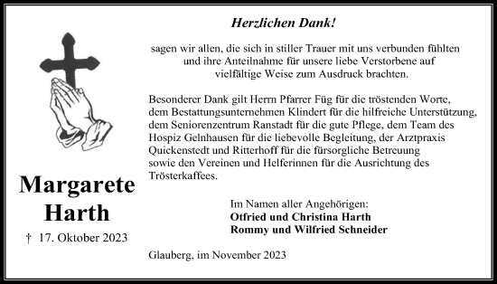 Traueranzeige von Margarete Harth von Kreis-Anzeiger