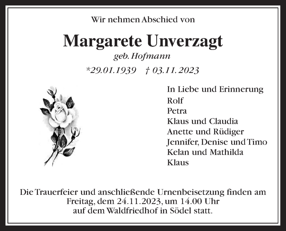 Traueranzeige für Margarete Unverzagt vom 18.11.2023 aus Wetterauer Zeitung