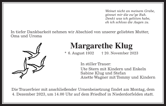 Traueranzeige von Margarethe Klug von Bad Vilbel/Karben