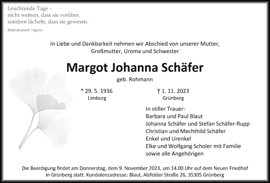 Traueranzeige von Margot Johanna Schäfer von Giessener Allgemeine, Alsfelder Allgemeine, Giessener Anzeiger