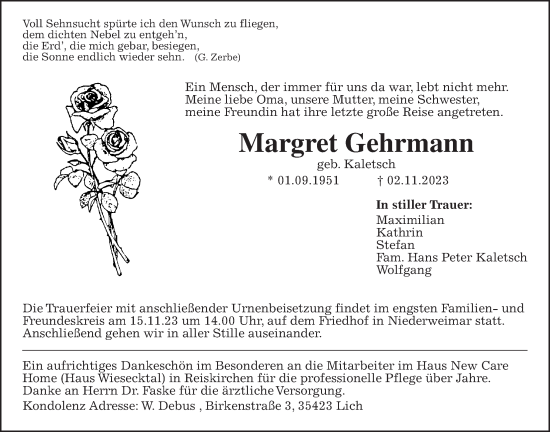 Traueranzeige von Margret Gehrmann von Giessener Allgemeine, Alsfelder Allgemeine, Giessener Allgemeine, Alsfelder Allgemeine