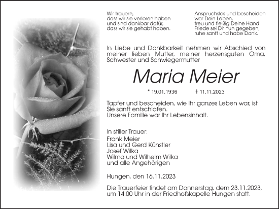 Traueranzeige von Maria Meier von Licher Wochenblatt