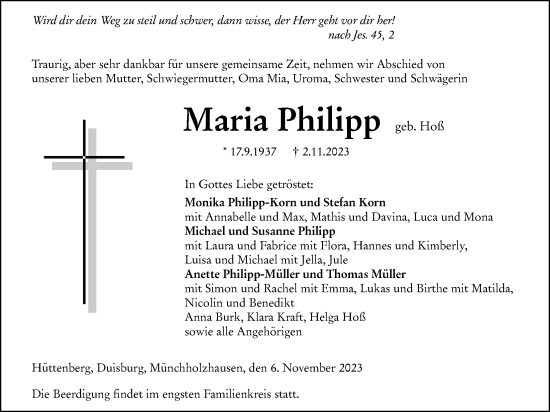 Traueranzeige von Maria Philipp von Giessener Anzeiger