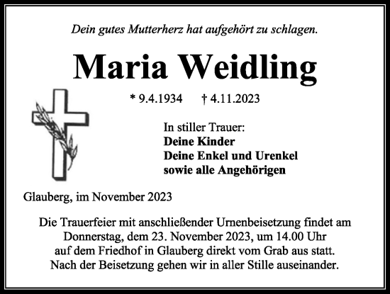 Traueranzeige von Maria Weidling von Kreis-Anzeiger