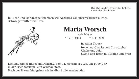 Traueranzeige von Maria Worsch von Giessener Allgemeine, Alsfelder Allgemeine, Giessener Allgemeine, Alsfelder Allgemeine