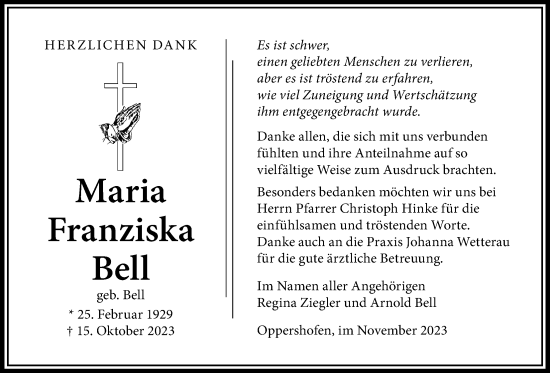Traueranzeige von Maria Franziska Bell von Wetterauer Zeitung