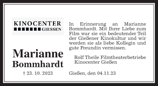 Traueranzeige von Marianne Bommhardt von Giessener Allgemeine, Alsfelder Allgemeine
