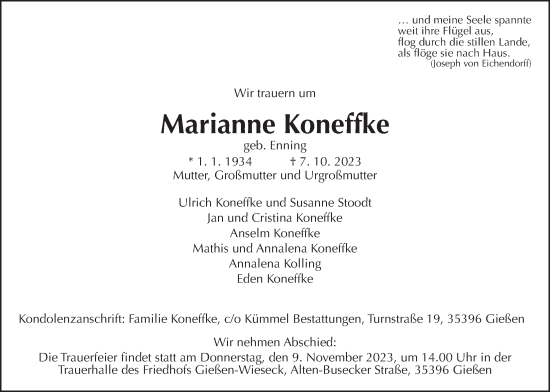 Traueranzeige von Marianne Koneffke von Giessener Anzeiger