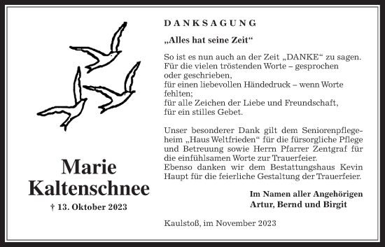 Traueranzeige von Marie Kaltenschnee von Kreis-Anzeiger
