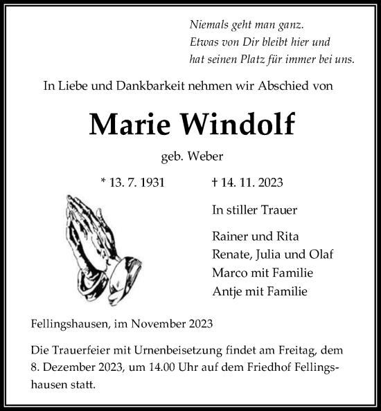 Traueranzeige von Marie Windolf von Giessener Allgemeine, Alsfelder Allgemeine