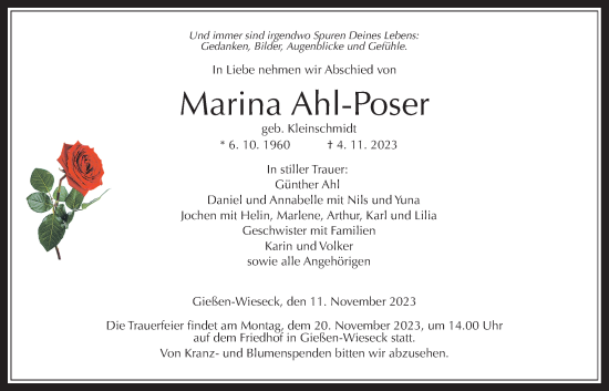 Traueranzeige von Marina Ahl-Poser von Giessener Anzeiger, Giessener Allgemeine, Alsfelder Allgemeine, Giessener Anzeiger, Giessener Allgemeine, Alsfelder Allgemeine