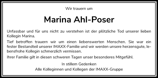 Traueranzeige von Marina Ahl-Poser von Giessener Anzeiger, Giessener Allgemeine, Alsfelder Allgemeine, Giessener Anzeiger, Giessener Allgemeine, Alsfelder Allgemeine