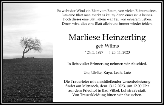 Traueranzeige von Marliese Heinzerling von Bad Vilbel/Karben