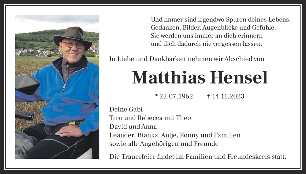  Traueranzeige für Matthias Hensel vom 20.11.2023 aus Giessener Allgemeine, Alsfelder Allgemeine