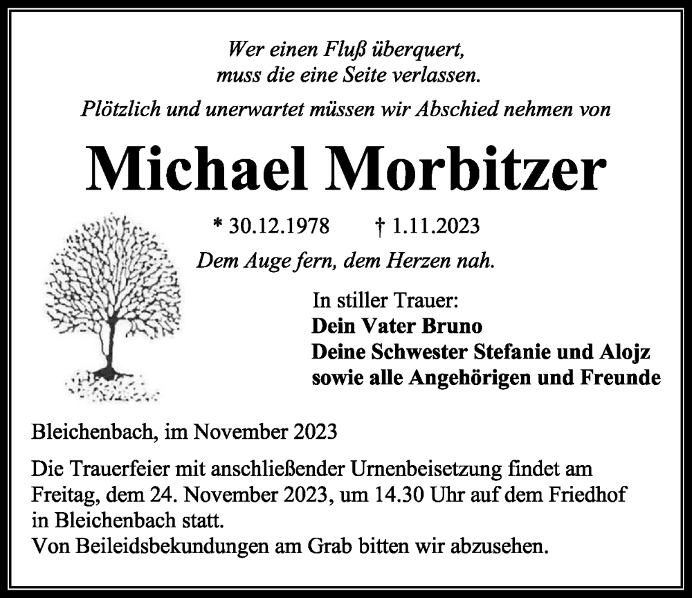  Traueranzeige für Michael Morbitzer vom 18.11.2023 aus Kreis-Anzeiger