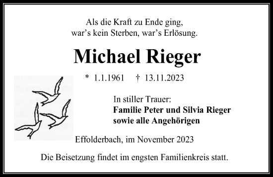 Traueranzeige von Michael Rieger von Kreis-Anzeiger