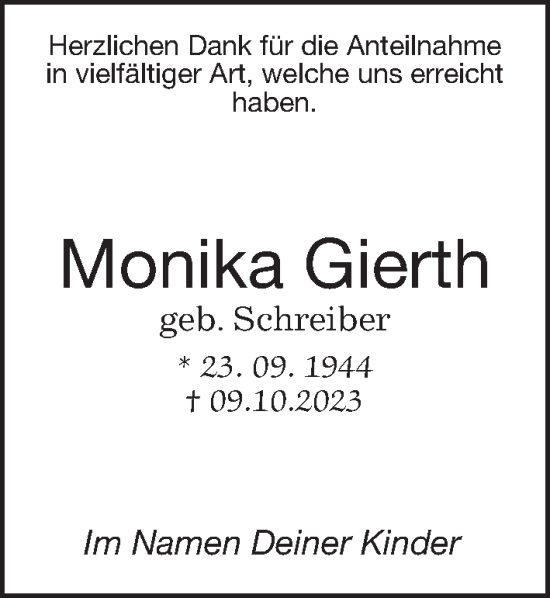 Traueranzeige von Monika Gierth von Wetterauer Zeitung, Kreis-Anzeiger