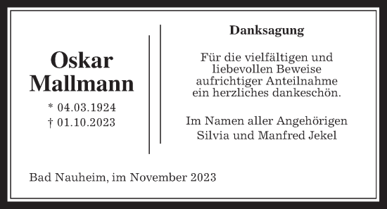 Traueranzeige von Oskar Mallmann von Wetterauer Zeitung
