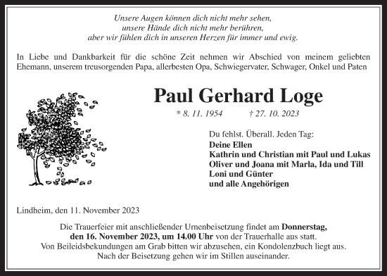 Traueranzeige von Paul Gerhard Loge von Kreis-Anzeiger