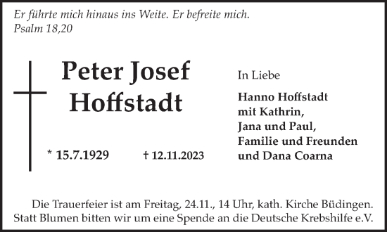 Traueranzeige von Peter Josef Hoffstadt von Kreis-Anzeiger