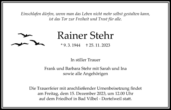 Traueranzeige von Rainer Stehr von Bad Vilbel/Karben
