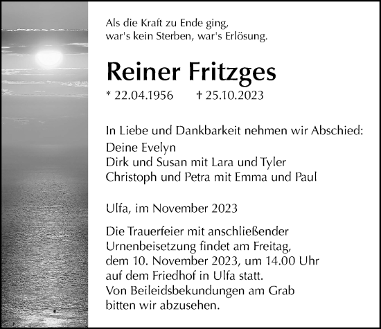Traueranzeige von Reiner Fritzges von Kreis-Anzeiger