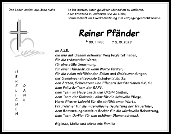 Traueranzeige von Reiner Pfänder von Giessener Allgemeine, Alsfelder Allgemeine, Giessener Allgemeine, Alsfelder Allgemeine