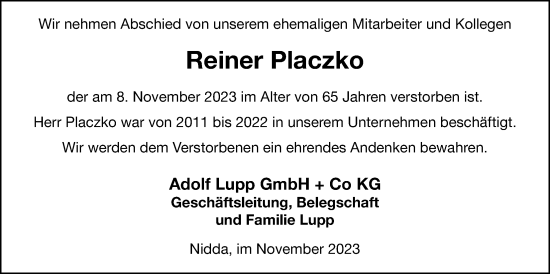 Traueranzeige von Reiner Placzko von Giessener Anzeiger