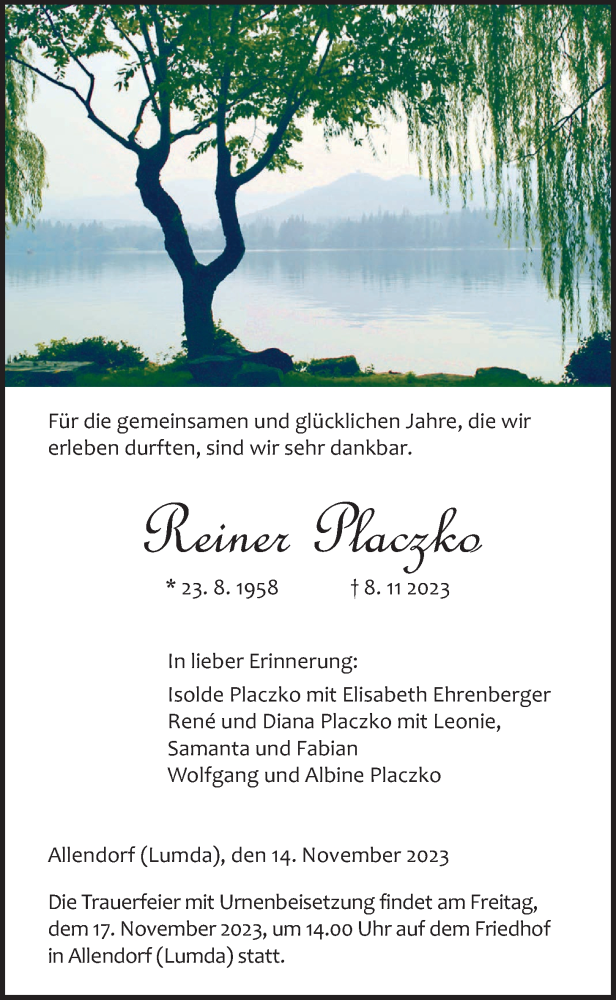  Traueranzeige für Reiner Placzko vom 14.11.2023 aus Giessener Anzeiger, Wetterauer Zeitung