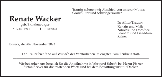 Traueranzeige von Renate Wacker von Giessener Allgemeine, Alsfelder Allgemeine, Giessener Anzeiger