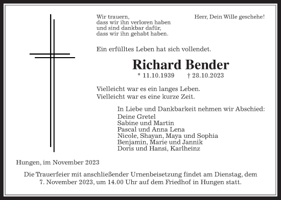 Traueranzeige von Richard Bender von Giessener Allgemeine, Alsfelder Allgemeine