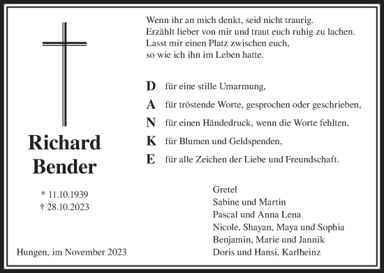 Traueranzeige von Richard Bender von Licher Wochenblatt