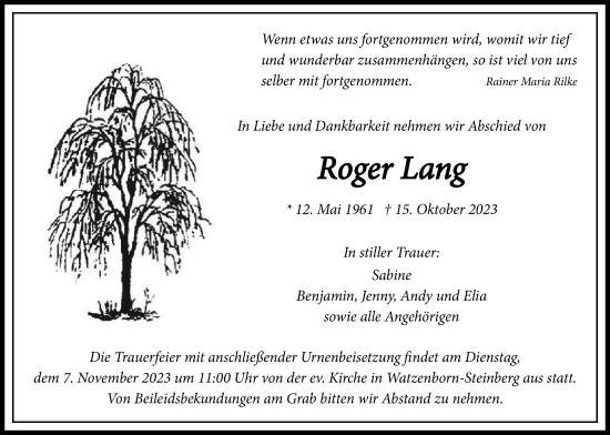 Traueranzeige von Roger Lang von Pohlheimer Nachrichten