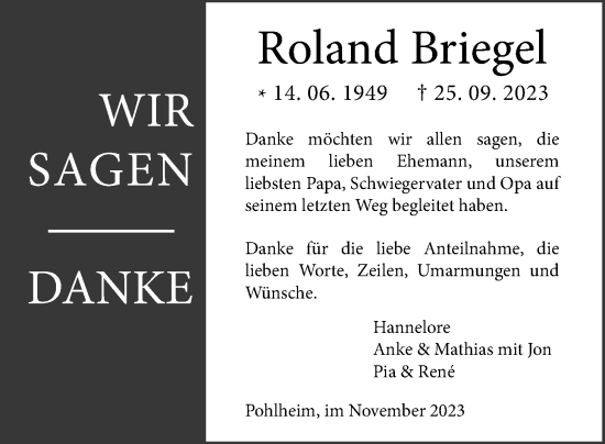 Traueranzeige von Roland Briegel von Giessener Anzeiger, Giessener Allgemeine, Alsfelder Allgemeine