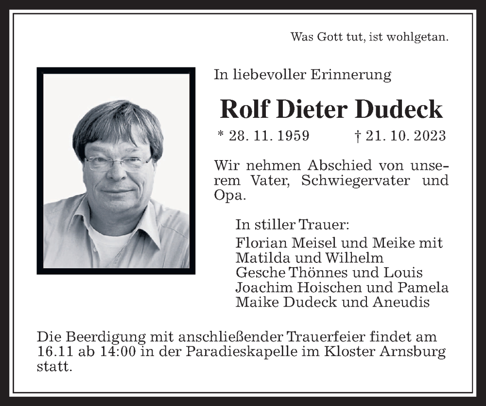  Traueranzeige für Rolf Dieter Dudeck vom 13.11.2023 aus Giessener Allgemeine, Alsfelder Allgemeine
