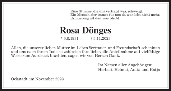 Traueranzeige von Rosa Dönges von Wetterauer Zeitung