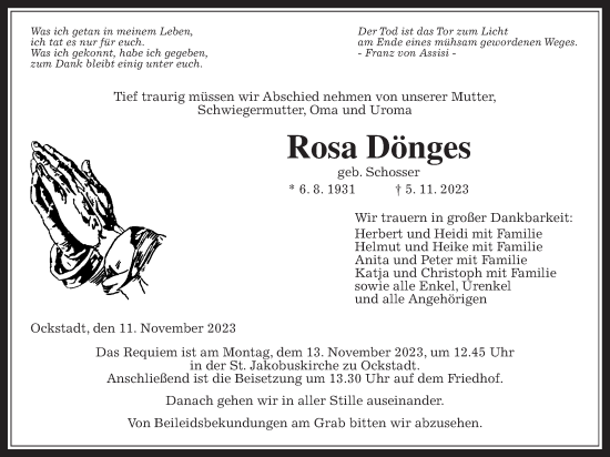 Traueranzeige von Rosa Dönges von Wetterauer Zeitung, Wetterauer Zeitung