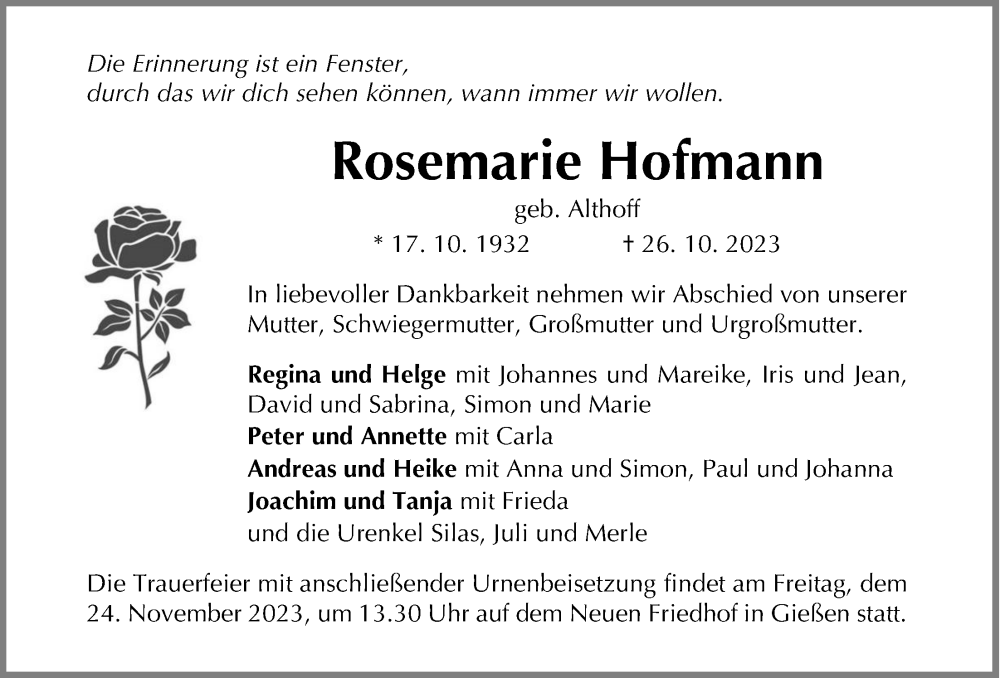  Traueranzeige für Rosemarie Hofmann vom 18.11.2023 aus Giessener Allgemeine, Alsfelder Allgemeine, Giessener Anzeiger