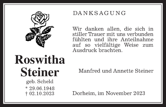 Traueranzeige von Roswitha Steiner von Wetterauer Zeitung