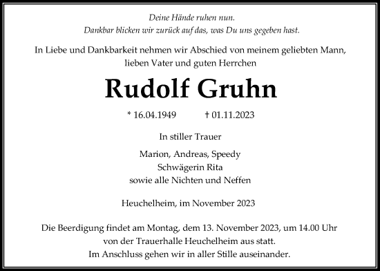 Traueranzeige von Rudolf Gruhn von Giessener Anzeiger