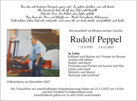 Traueranzeige von Rudolf Peppel von Kreis-Anzeiger